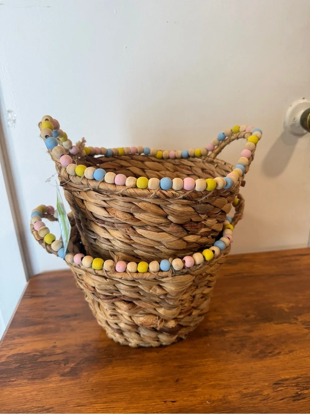 Woven Seagrass Basket Pair with Pastel Bead Trim